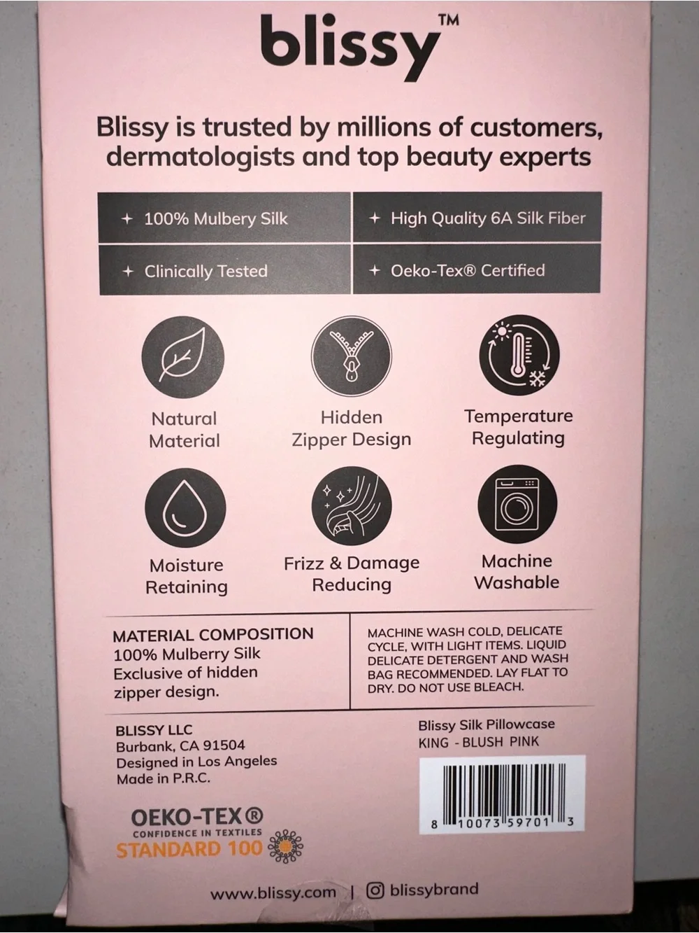 Blissy 100% Mulberry Silk Pillowcase - Pink size King